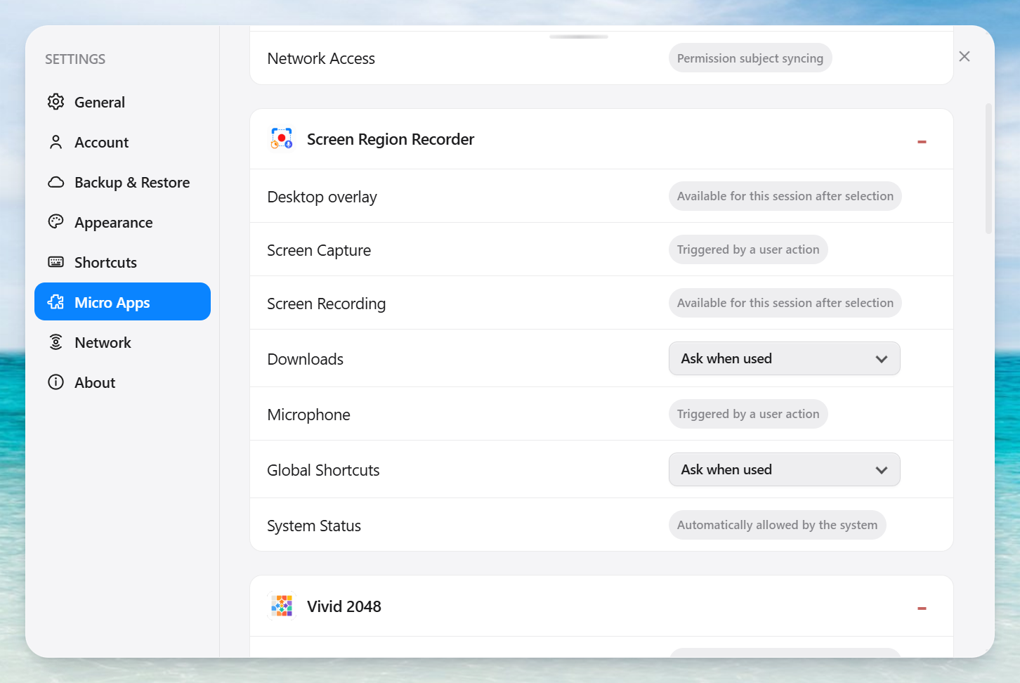 Screen Region Recorder permission settings, showing screen recording, downloads, microphone and global shortcut access states.
